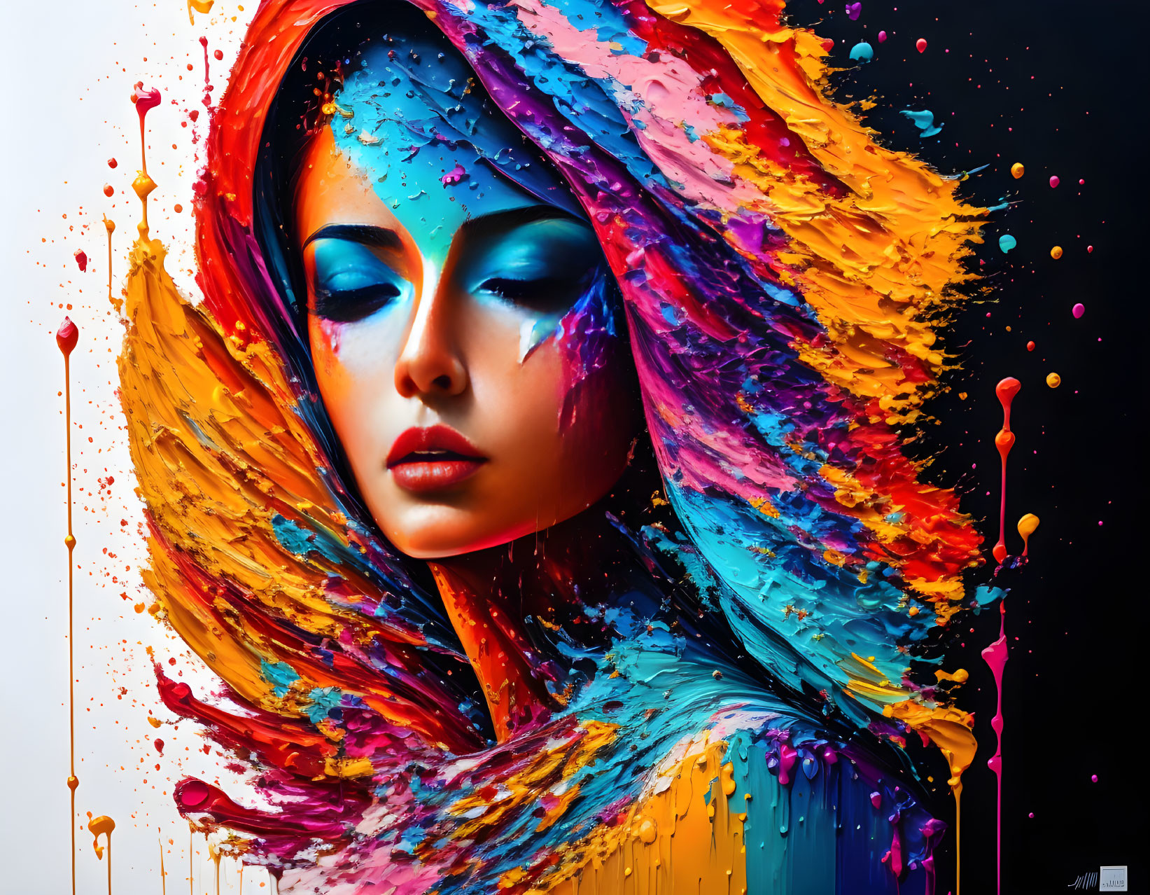 Colorful Portrait of Woman with Paint Splashes in Bright Hues