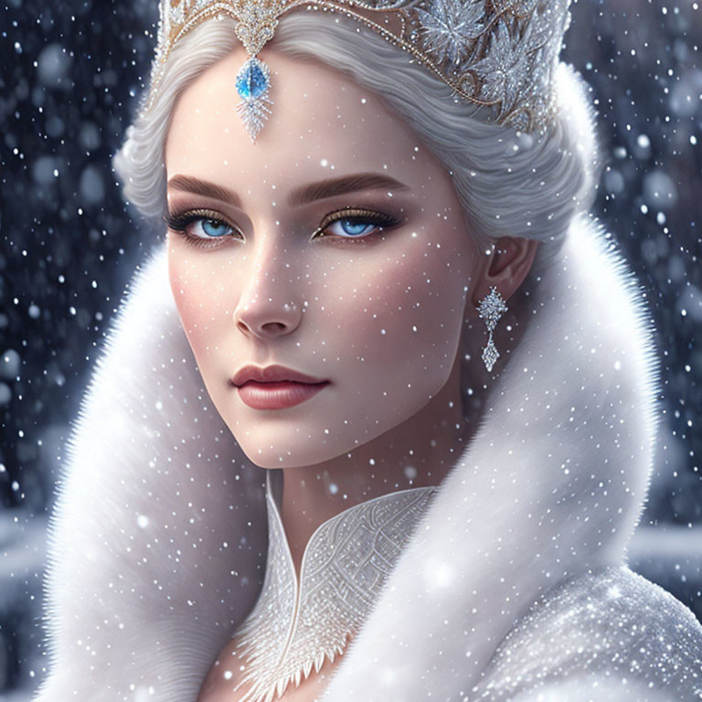 Digital portrait of woman with snow-themed crown and gem forehead piece in snowy setting