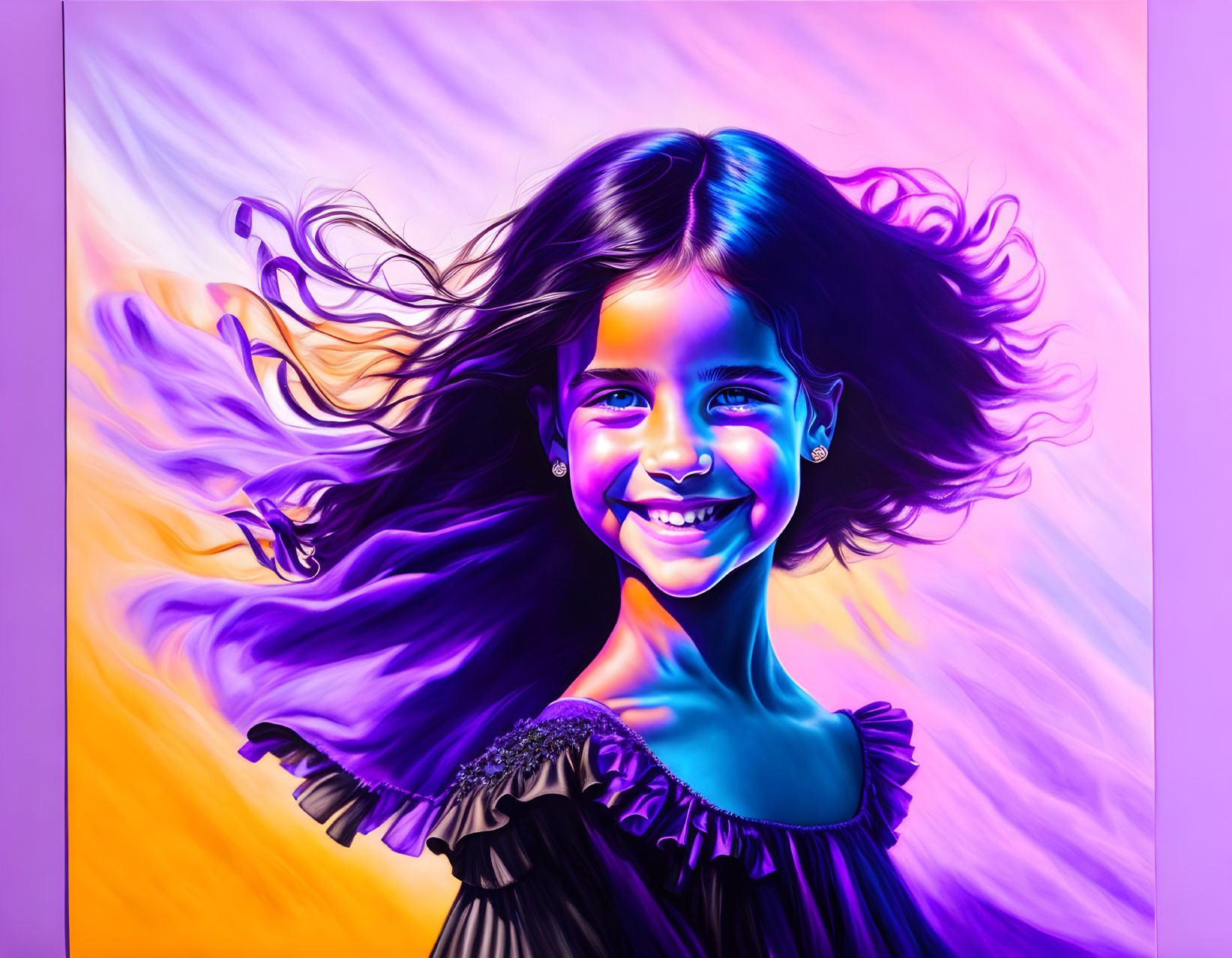 Vibrant digital artwork: Smiling girl in purple and blue hues on orange background