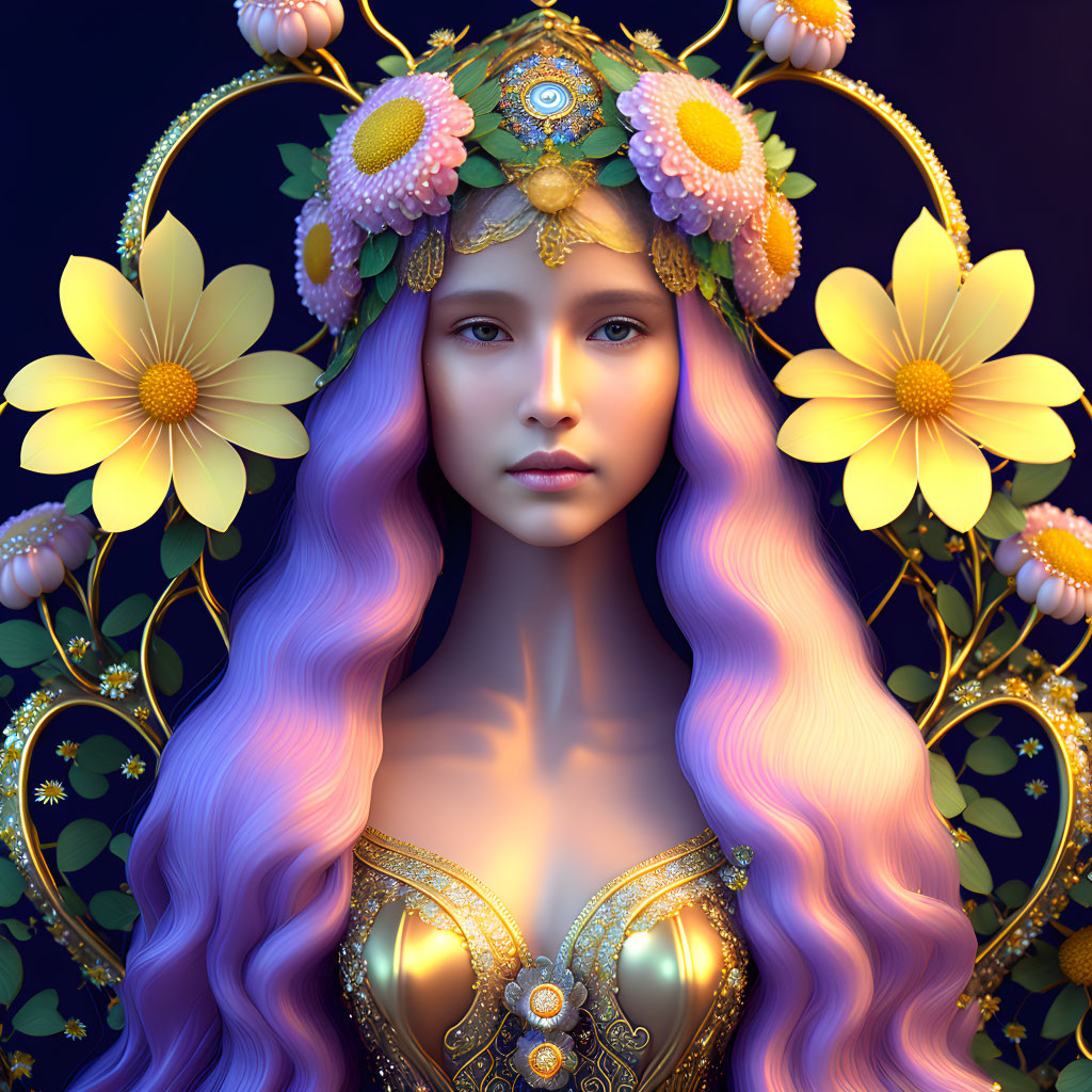 Fantasy portrait: Woman with purple hair, floral crown, gold attire on dark background