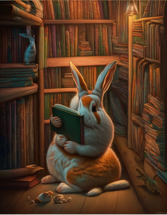 Two rabbits in a cozy library surrounded by colorful books