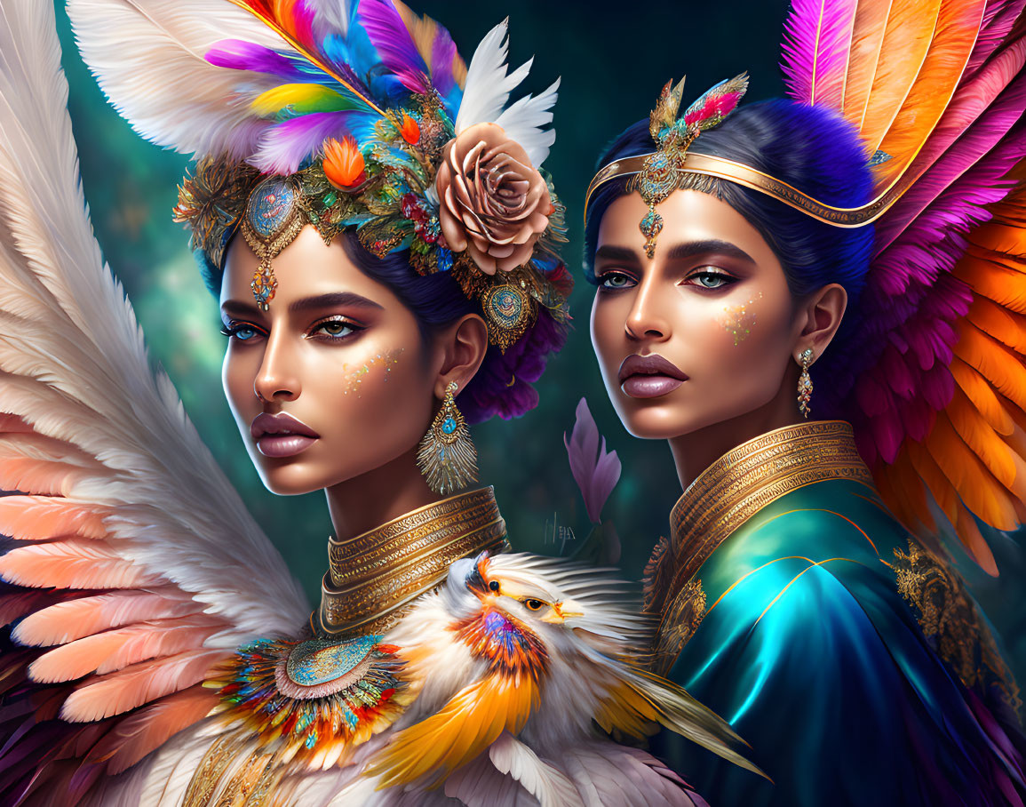 Two women with bird-like features and elaborate headdresses on vibrant backdrop