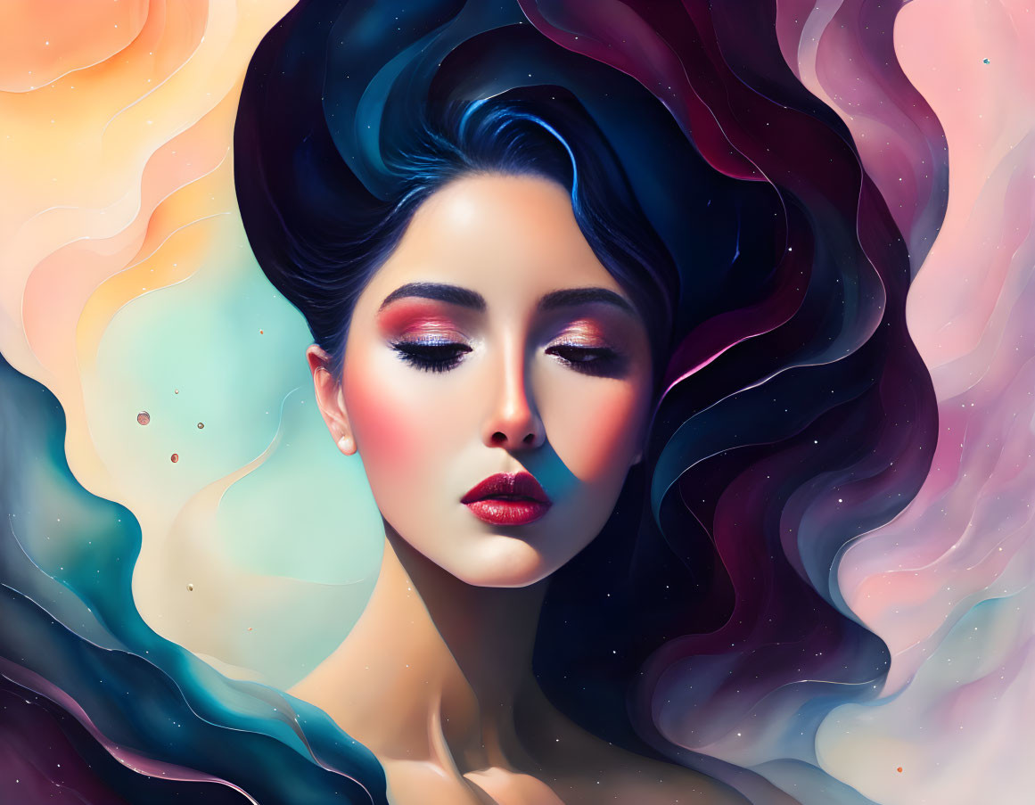 Colorful woman with flowing hair in cosmic background