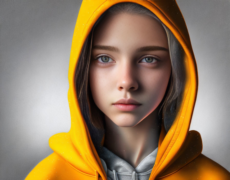 Young person in yellow hoodie with clear skin and intense blue eyes