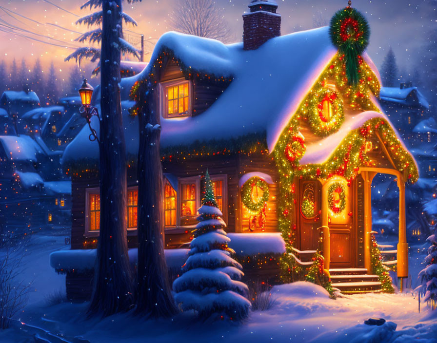 Snow-covered house with Christmas decorations and lit lantern at twilight