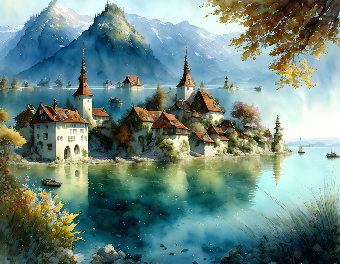 Traditional lakeside village nestled among mountains and autumn trees with clear blue sky reflected in water.