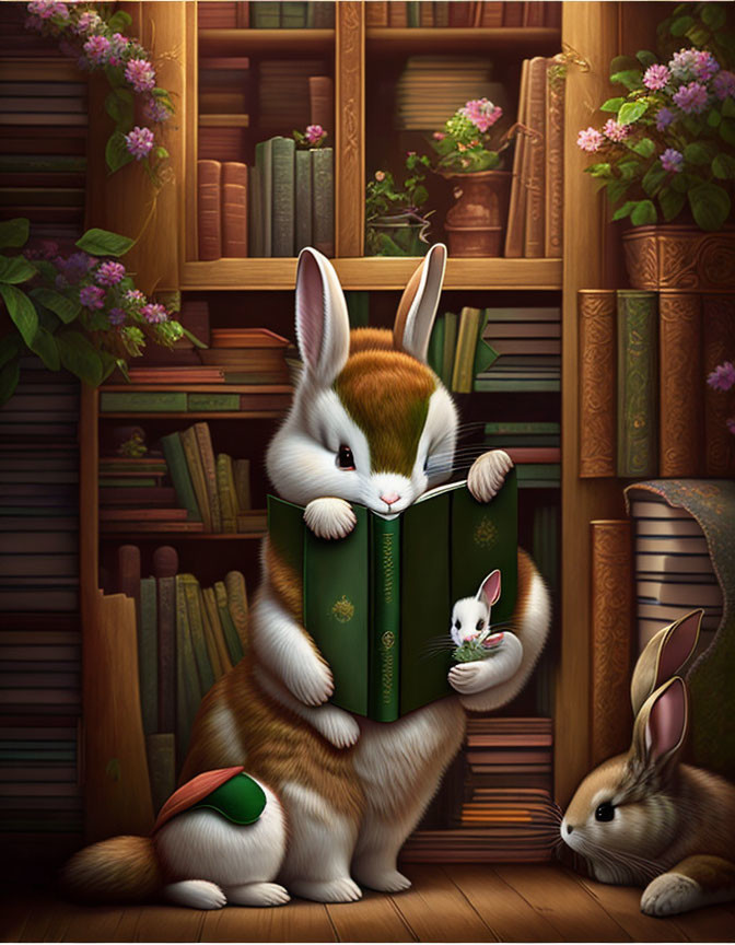 Anthropomorphic rabbit reading book with smaller rabbits, wooden bookshelves, blooming flowers