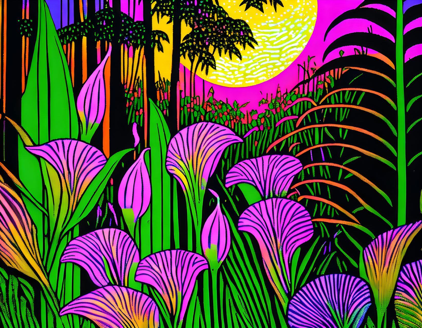 Colorful tropical landscape with moonlit sky and bold outlines