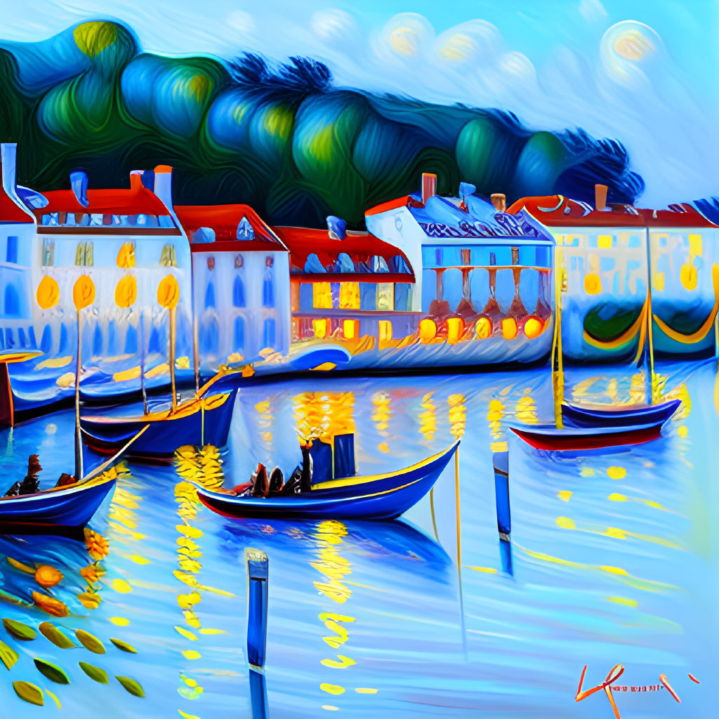 Vibrant marina painting with boats, illuminated buildings, swirling sky