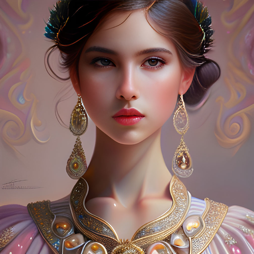 Detailed digital portrait of a woman with golden headdress and fantasy attire.