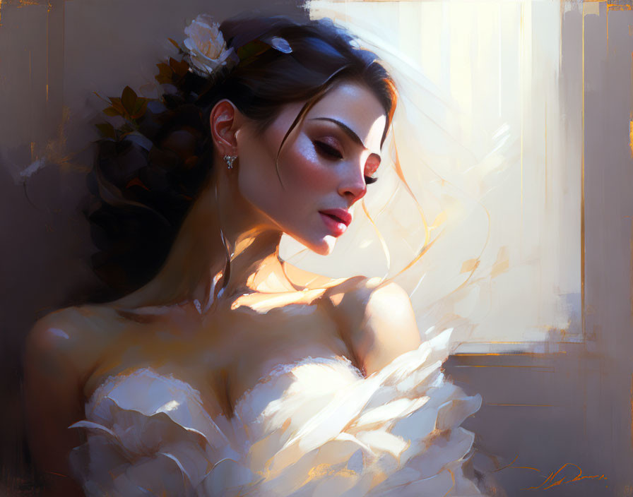 Digital painting of woman in bridal gown with warm sunlight and flowing veil.