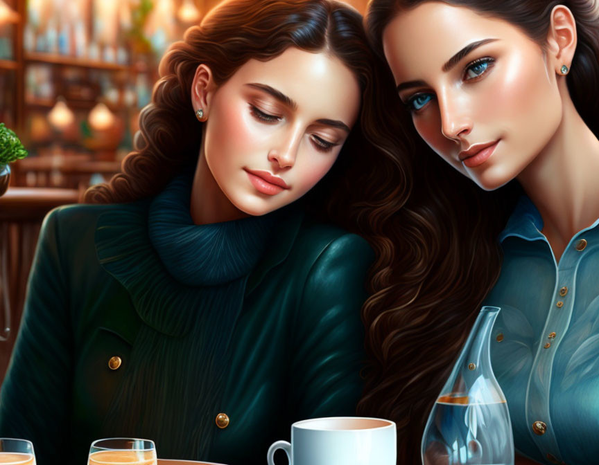 Illustrated women with striking features in cozy cafe setting