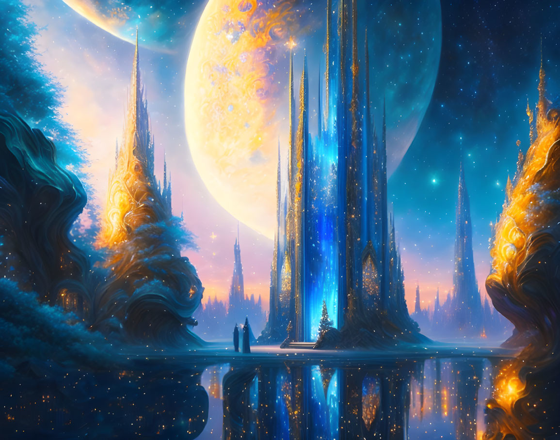 Fantastical landscape with towering spires and glowing trees