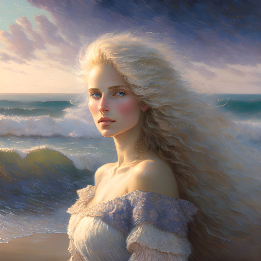 Blond-haired woman portrait on beach at sunset