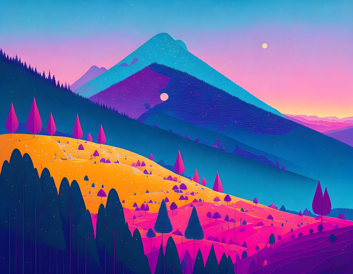 Colorful digital artwork of mountain landscape at sunset