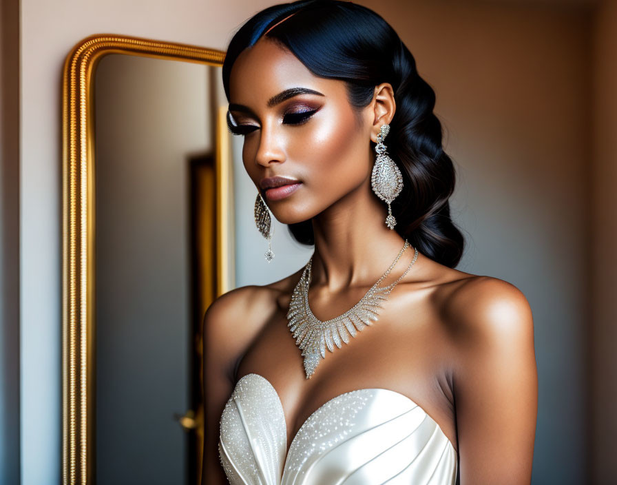 Stylish individual in white gown with sleek hairstyle and statement jewelry