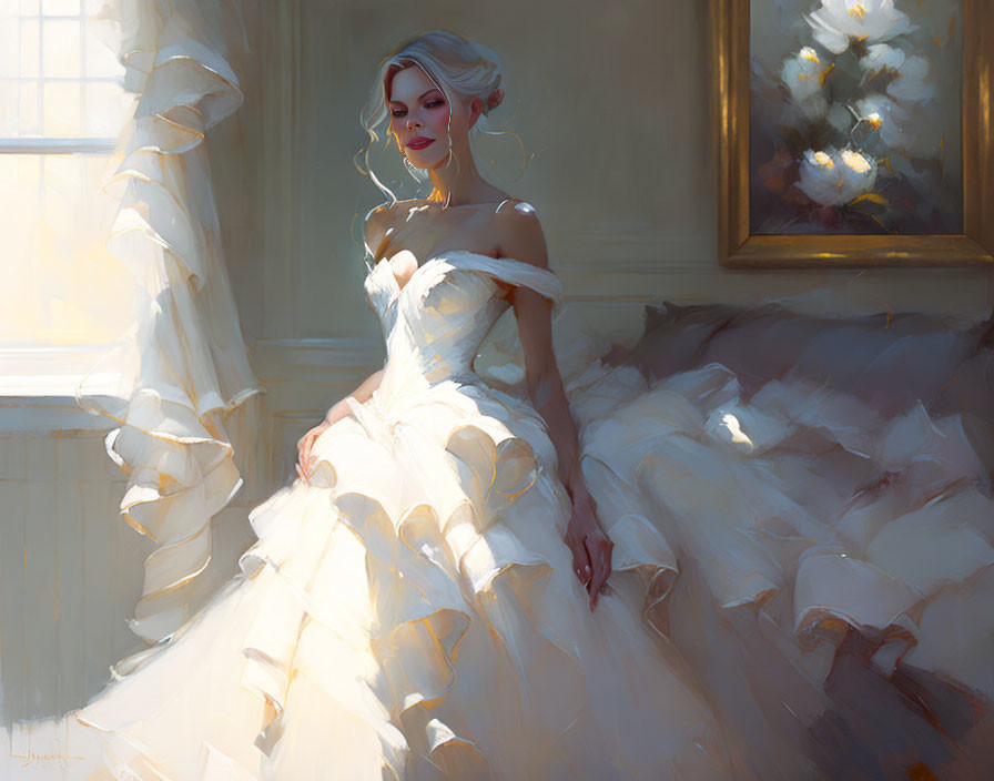 Elegant woman in white gown by sunlit window