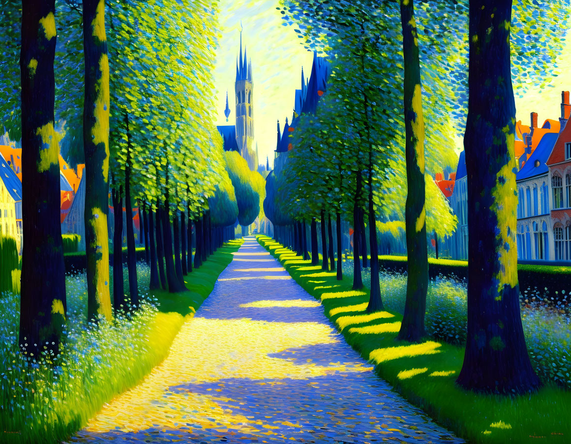 Colorful painting of tree-lined path to cathedral with shadows and sunlight.