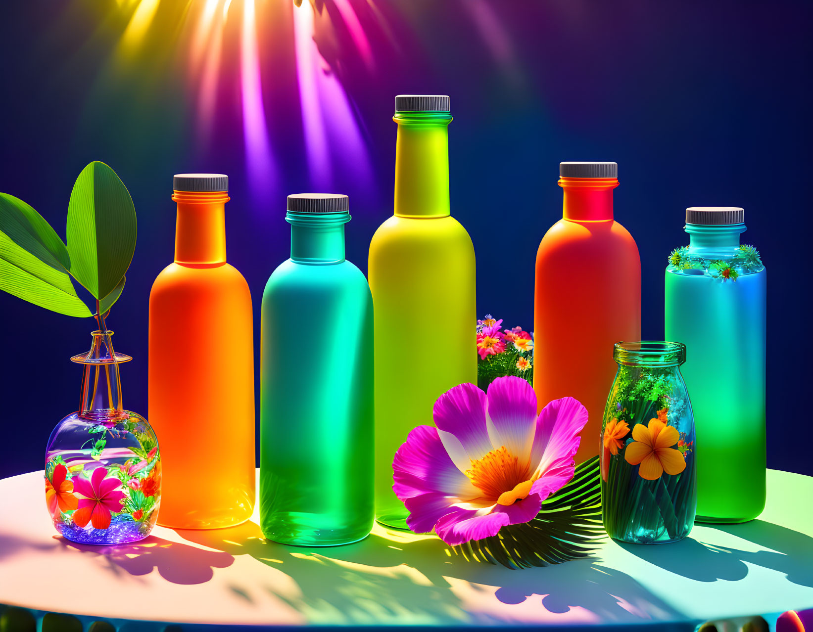 Vibrant translucent bottles with bright liquid on table with plant and flowers