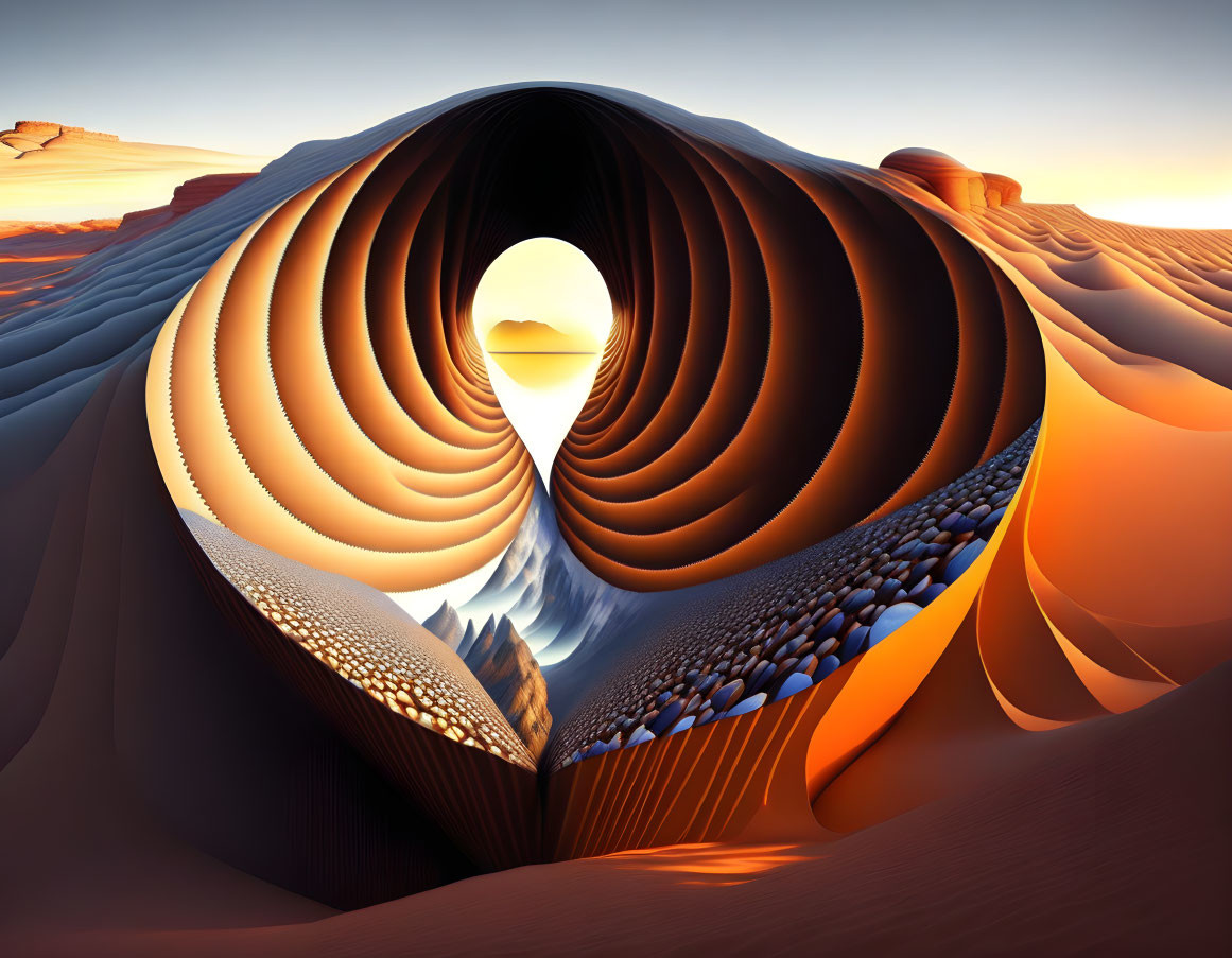 Surreal sand dunes morph into wave-like spiral structure under sunset sky