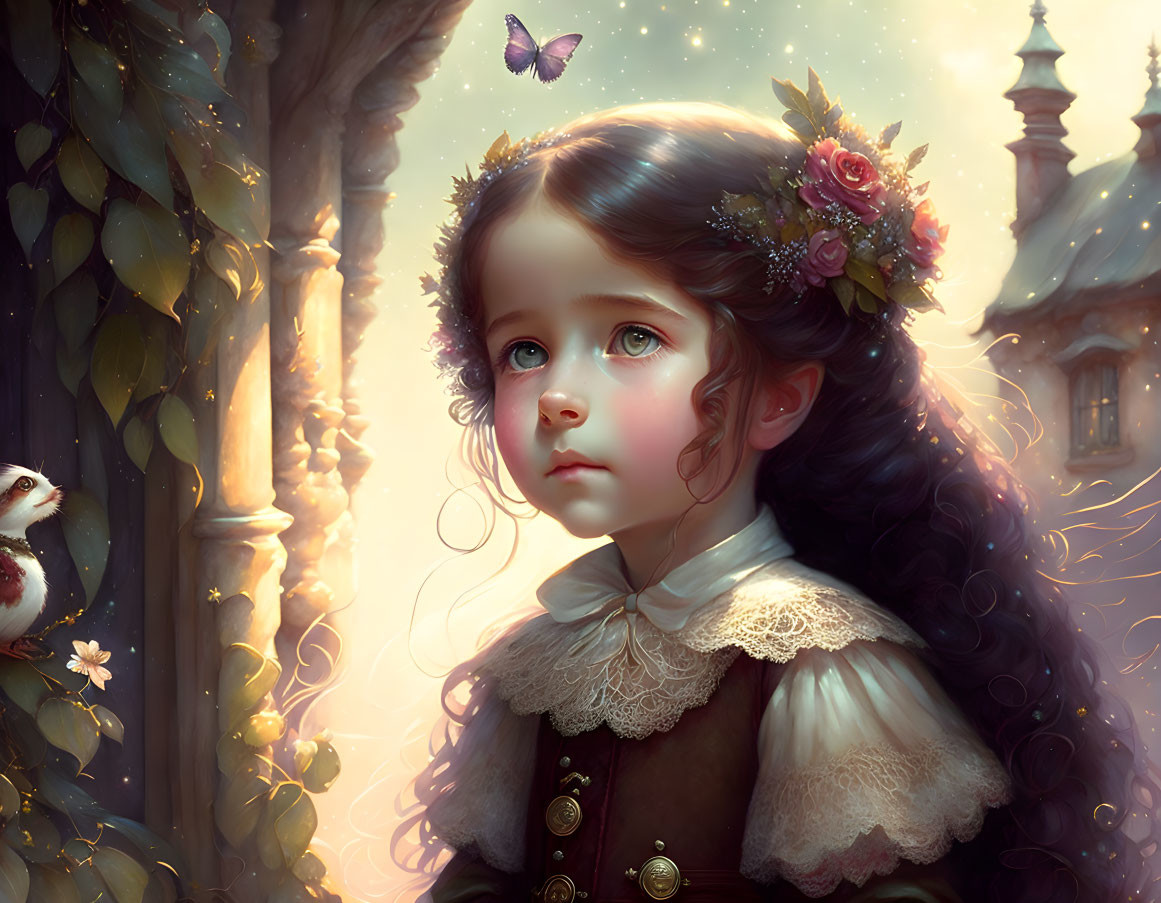 Young girl digital art portrait with blue eyes, flower crown, butterflies, and chipmunk