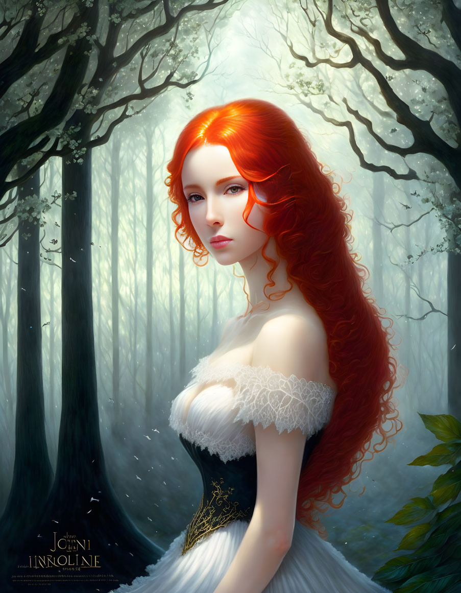 Digital portrait of woman with red hair in black & white dress against forest backdrop