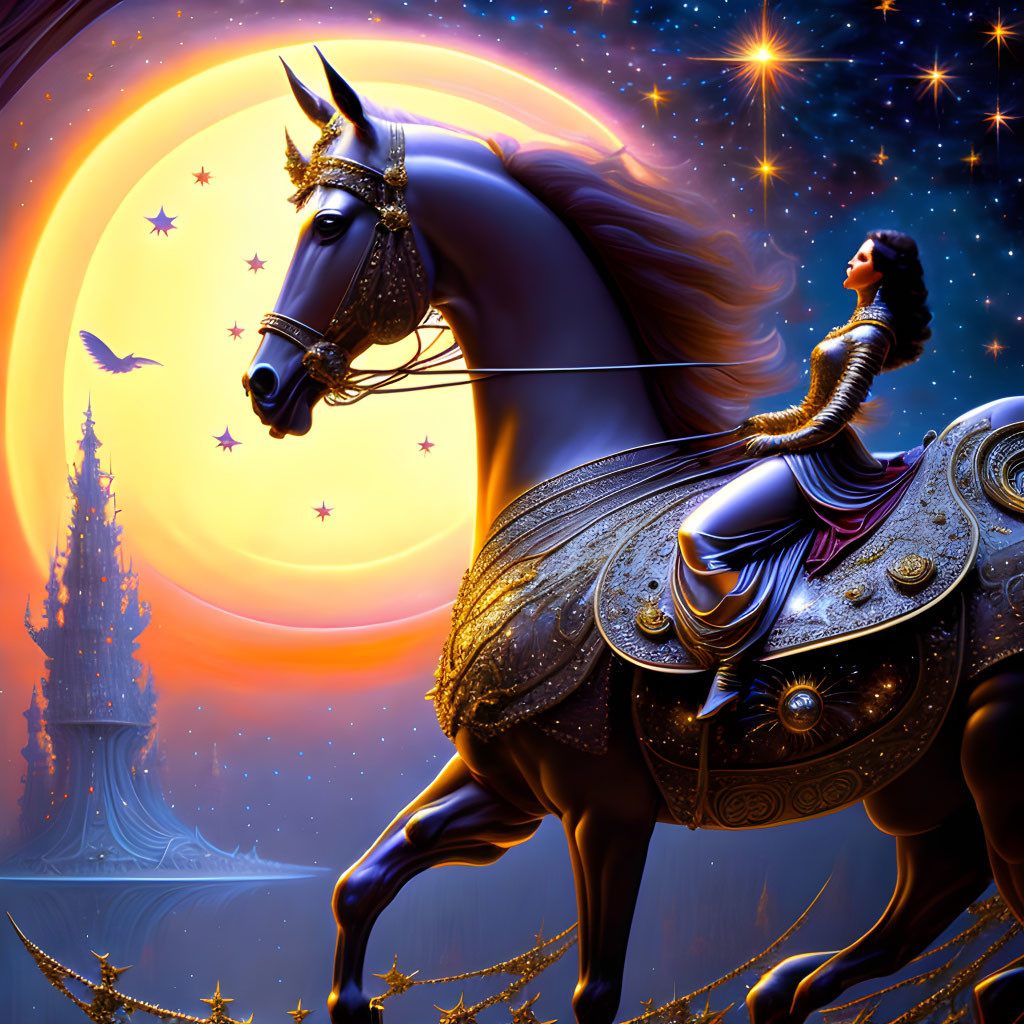 Knight on horseback under starry sky with moon and castle silhouette