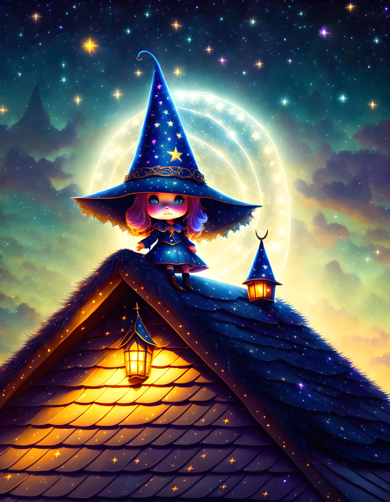 Young witch on rooftop with lantern under crescent moon