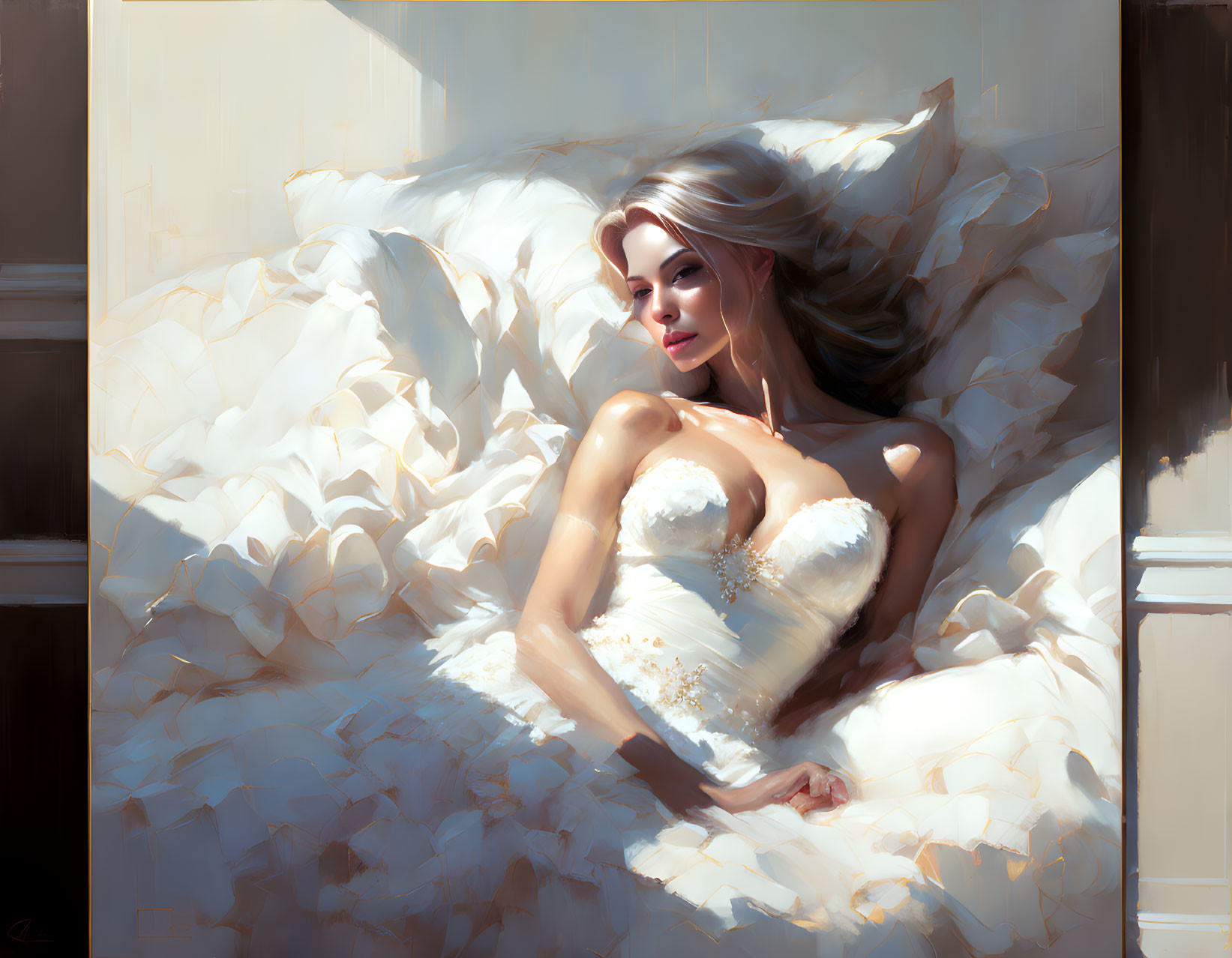 Woman in White Dress Reclining on Bed in Sunlight