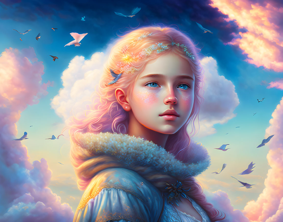 Young girl portrait with blue eyes, curly blonde hair, floral headpiece, vibrant sky.