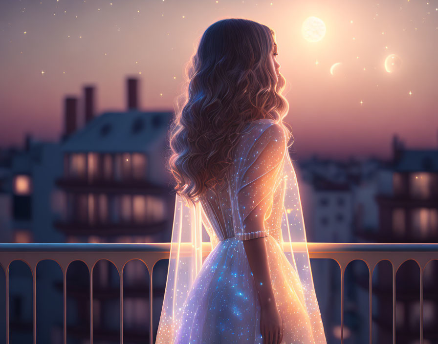 Woman in glowing dress gazes at twilight cityscape with luminescent moon