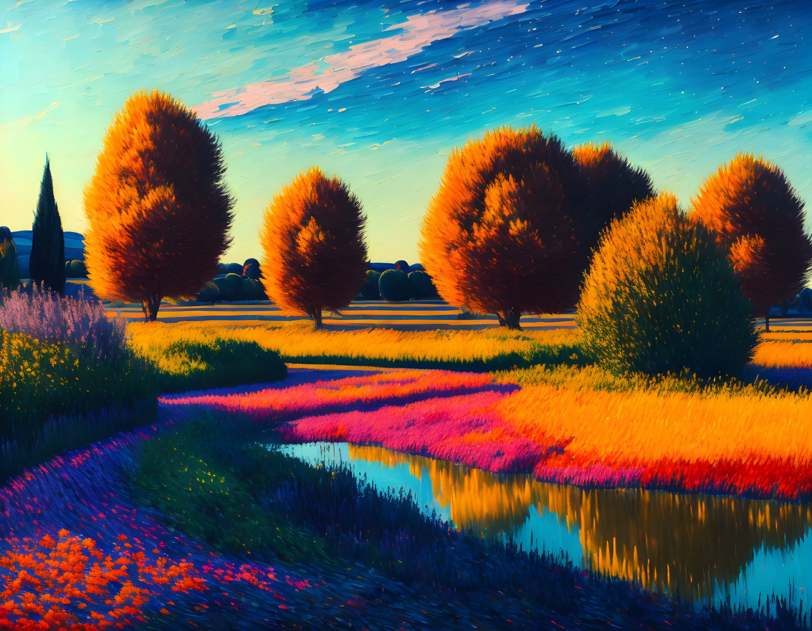 Colorful landscape with round trees, winding river, and sunset flowers.