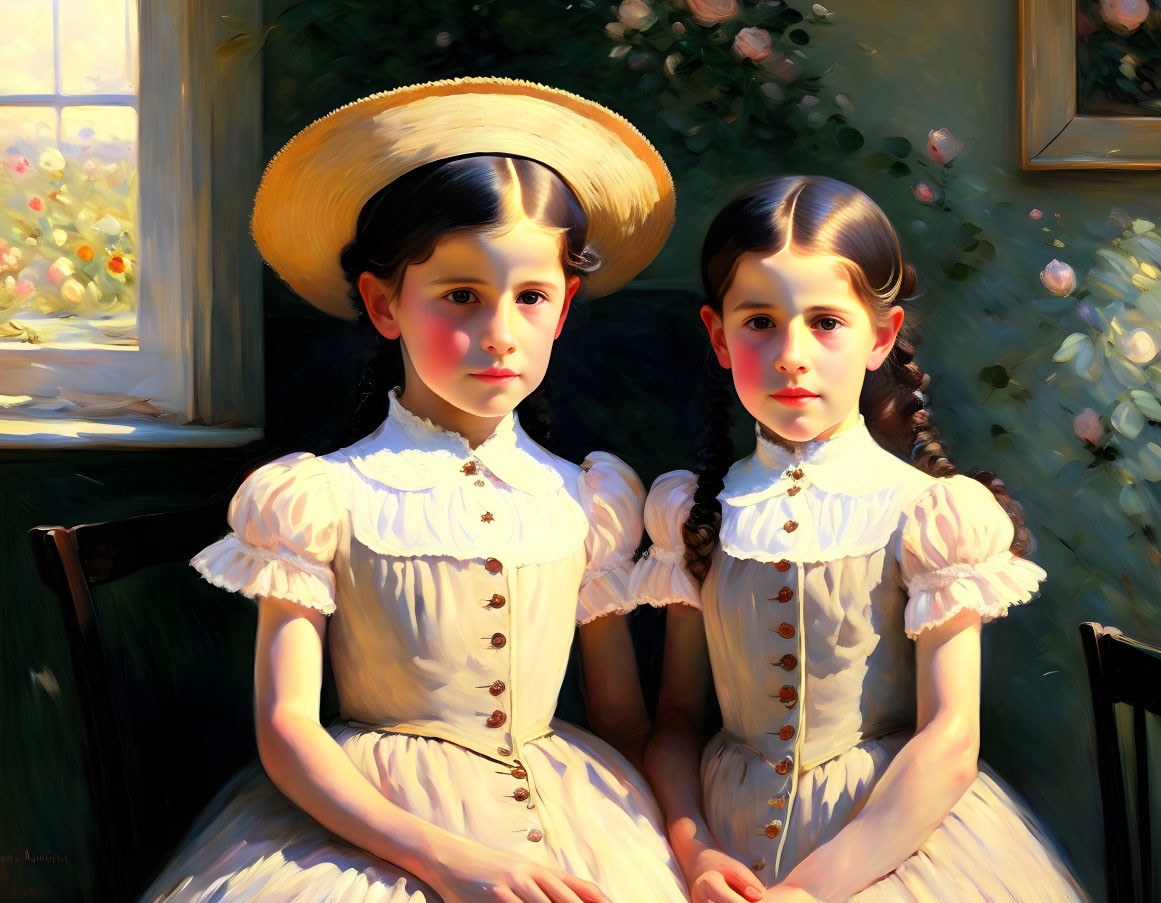 Vintage Dresses and Hats: Two Girls Seated with Sunlight and Floral Background