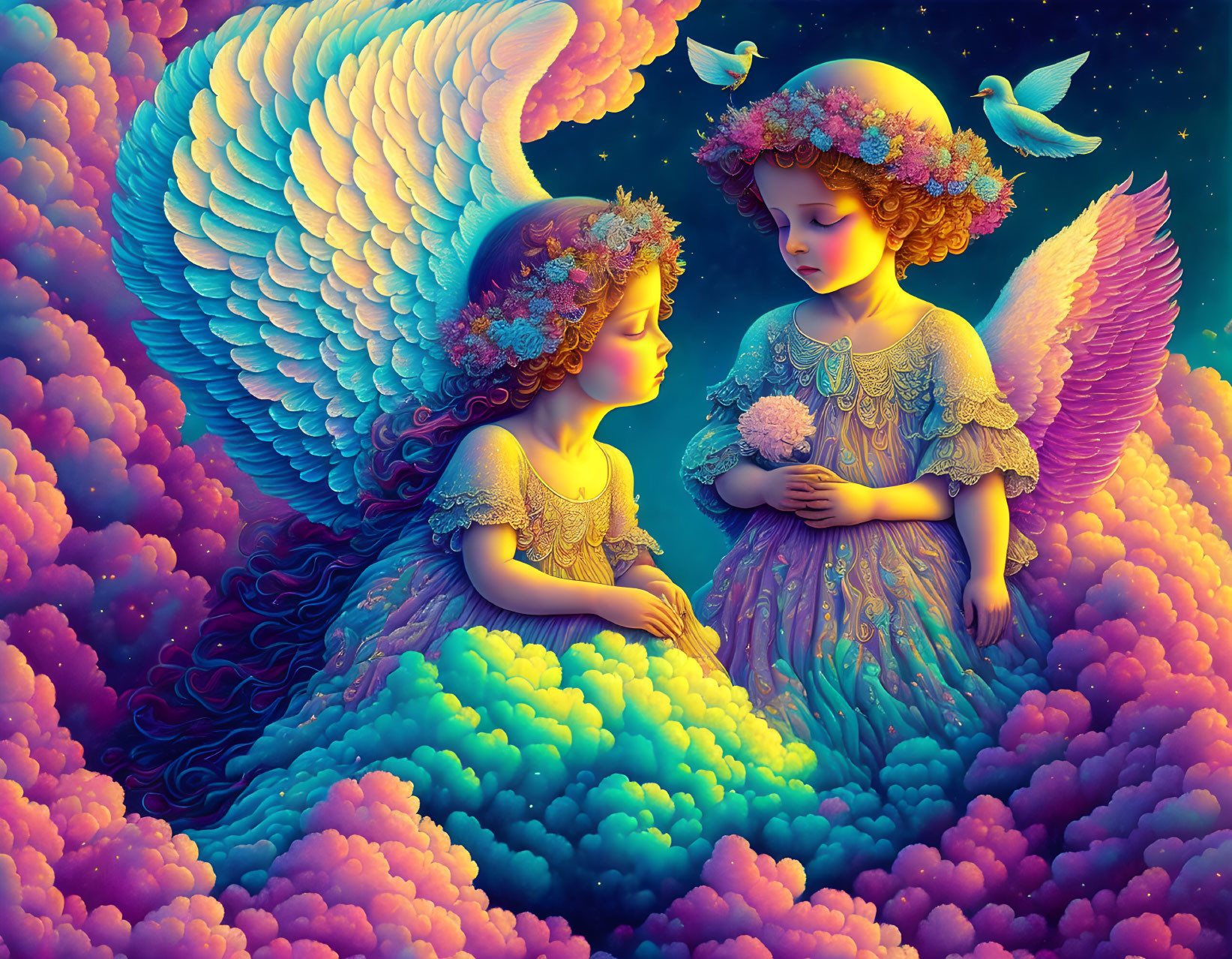 Elaborate winged figures in vibrant, dreamlike setting