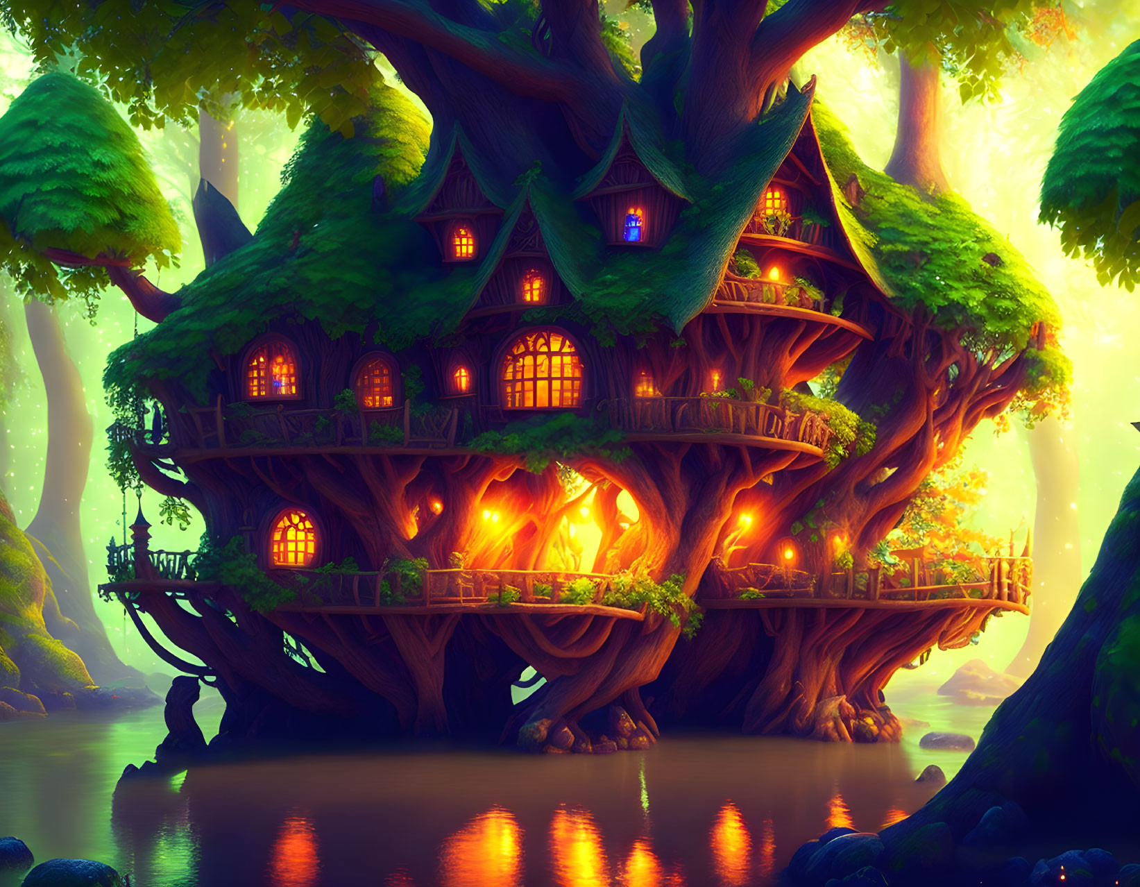 Enchanting treehouse in mystical forest with warm lights