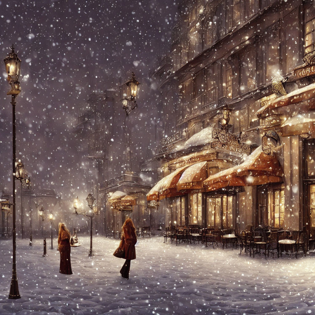 Snow-covered street scene with people walking under street lamps and café lights