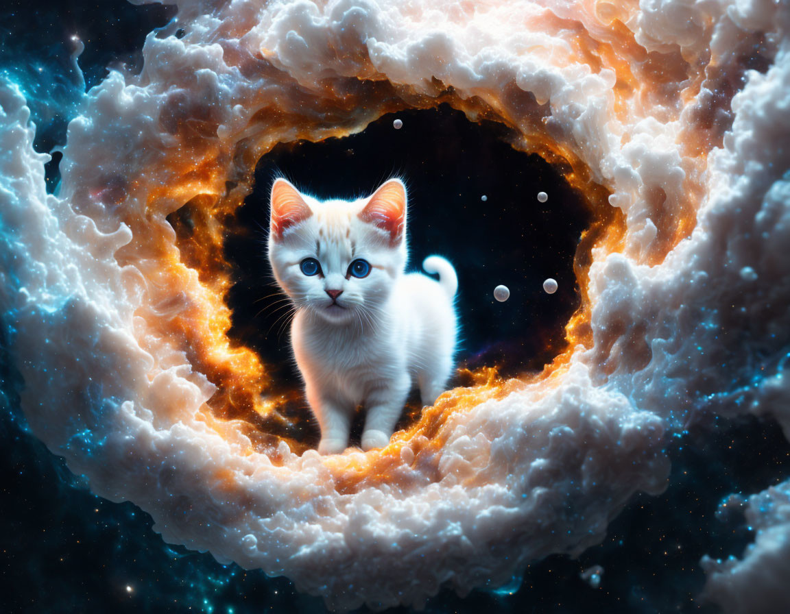 White Kitten with Blue Eyes in Cosmic Nebula Scene