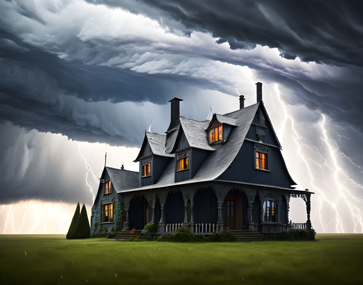 Victorian-style house under stormy sky with lightning.