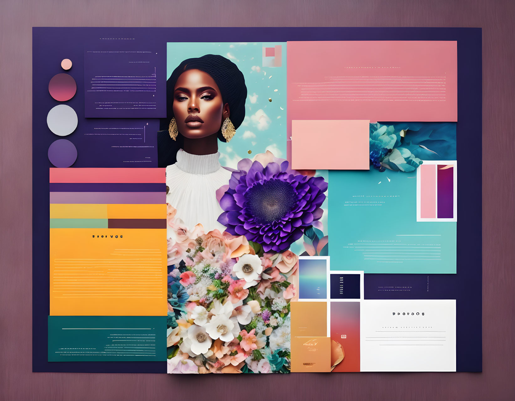 Colorful Floral Graphic Design Layout Featuring Woman and Text Blocks