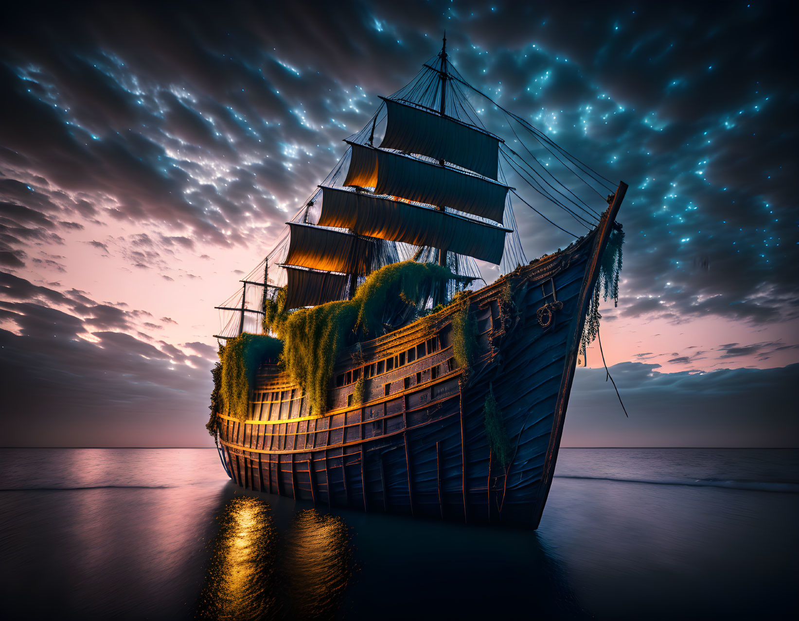 Vintage tall-masted ship on calm sea at twilight with dramatic sky