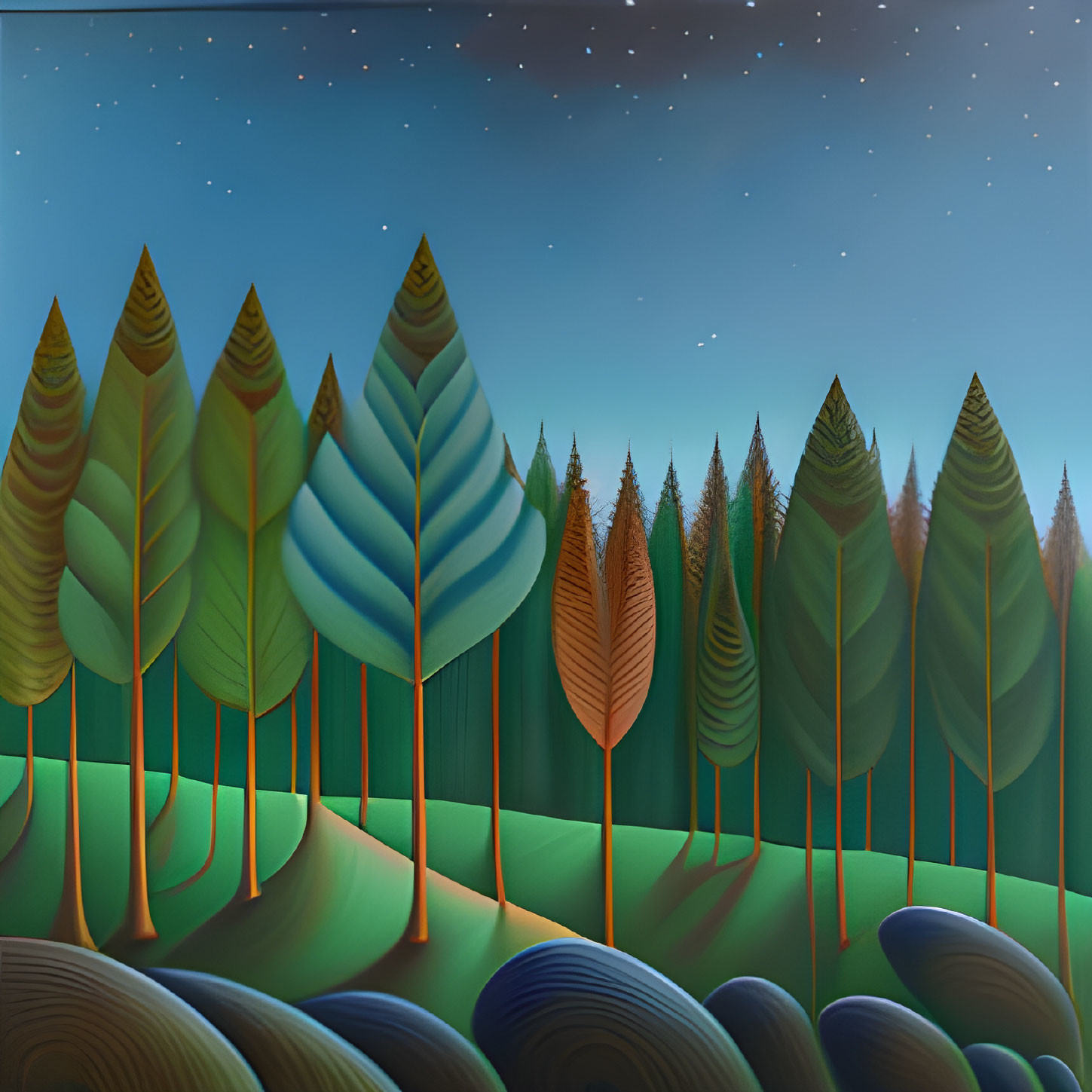 Colorful Stylized Forest Scene: Nighttime with Patterned Trees