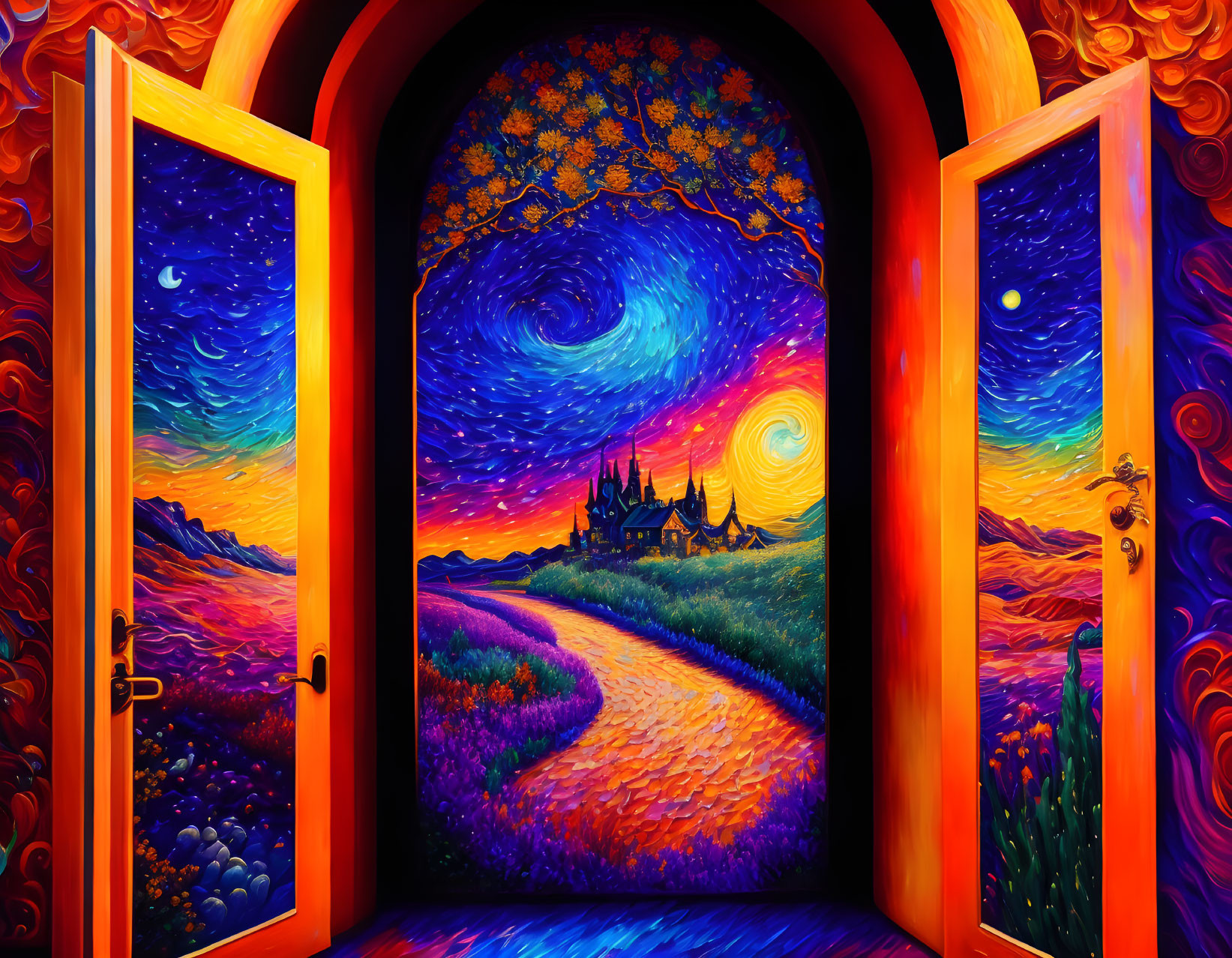 Colorful Van Gogh-inspired artwork with swirling skies and landscape seen through open doors