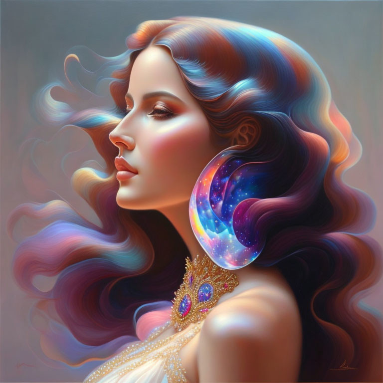 Colorful hair woman with cosmic earring in serene pose