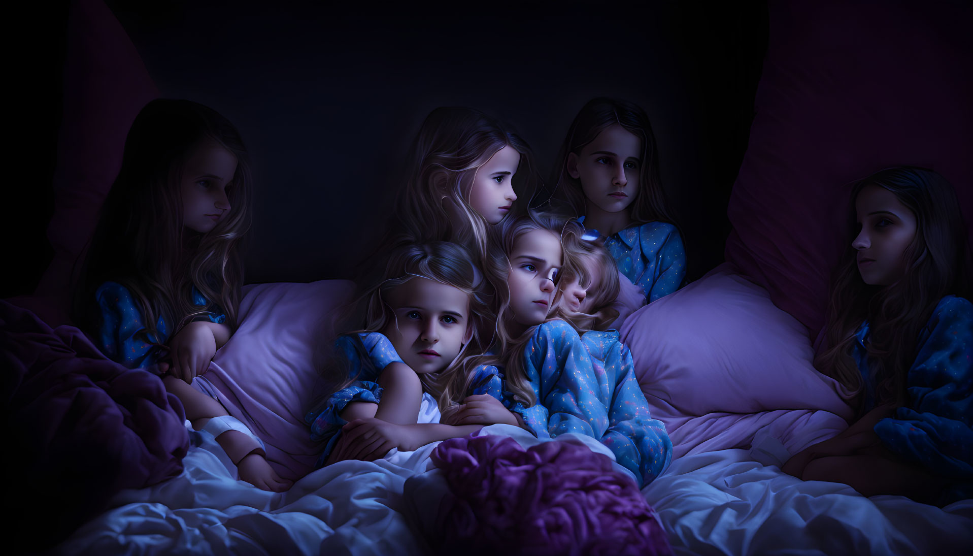 Group of children in blue pajamas on bed in dim light with curious expressions