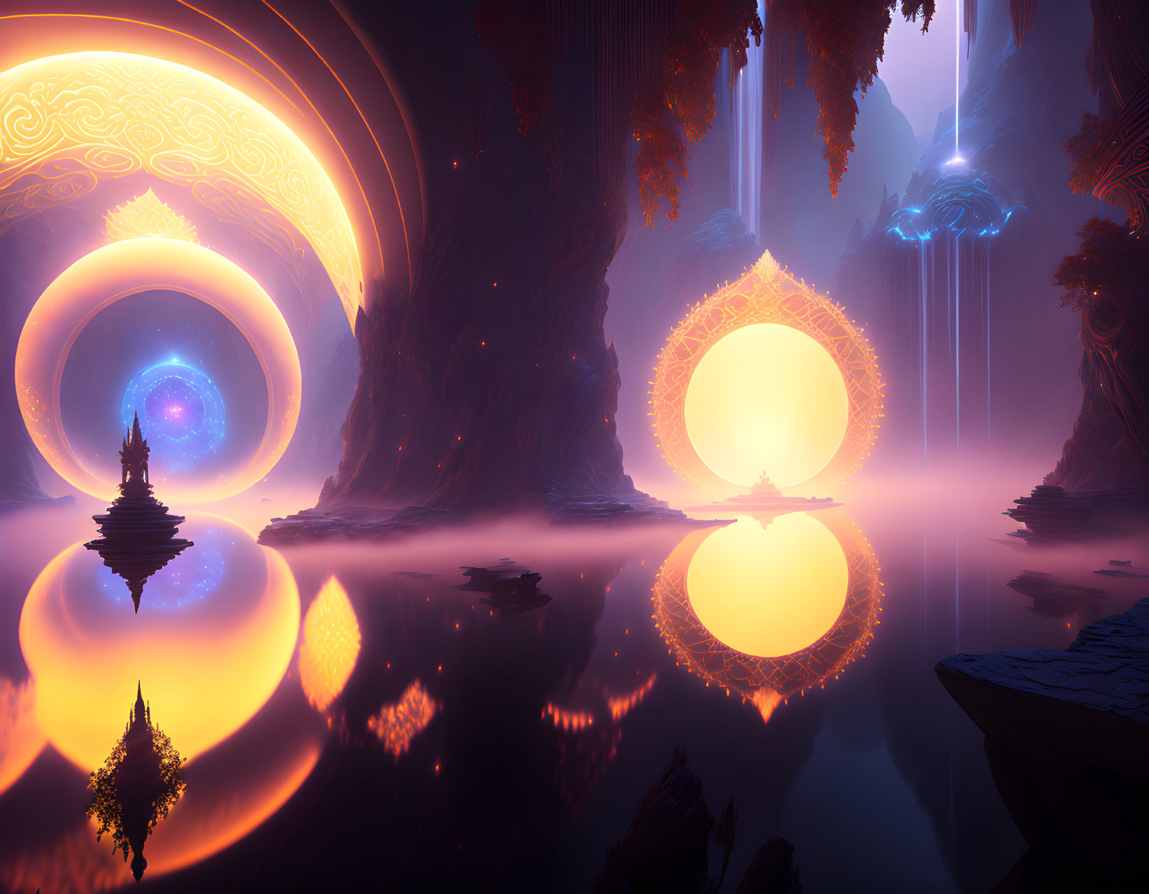 Enchanting landscape with glowing orbs, ethereal lights, and mystical structures