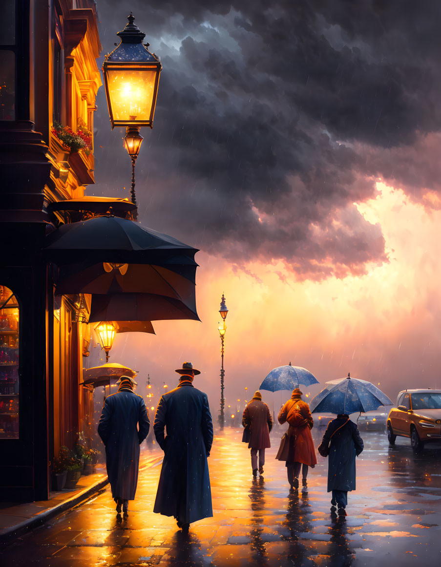 Pedestrians with umbrellas on rain-soaked street at dusk.