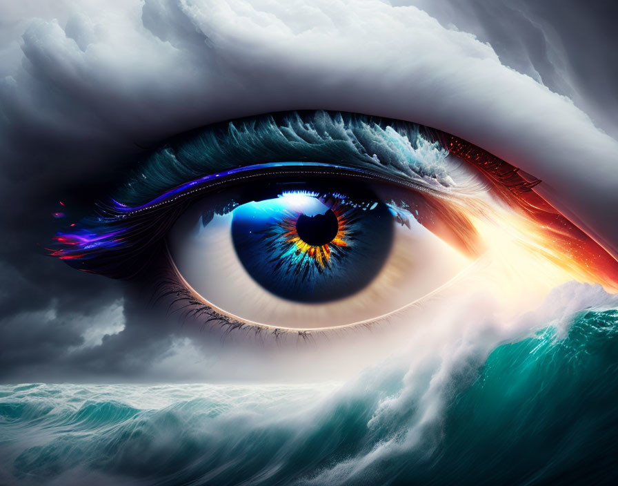 Surreal image: close-up eye with storm clouds and sea waves