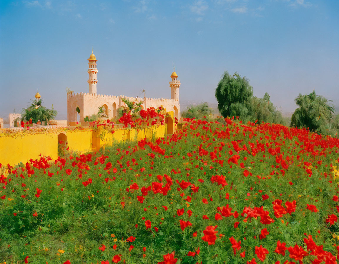 Traditional yellow building with minarets against red flower field & blue sky