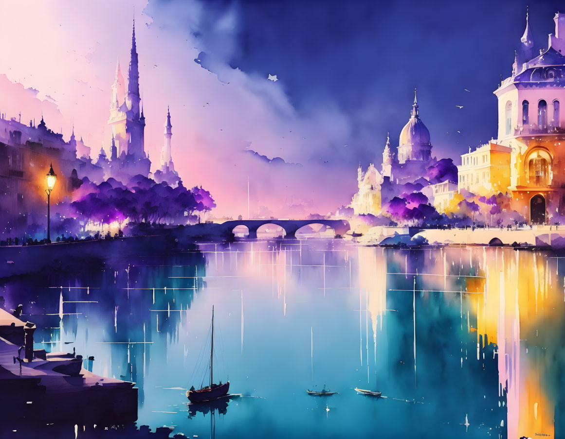 Cityscape artwork with spired buildings, bridge, boats, and twilight sky