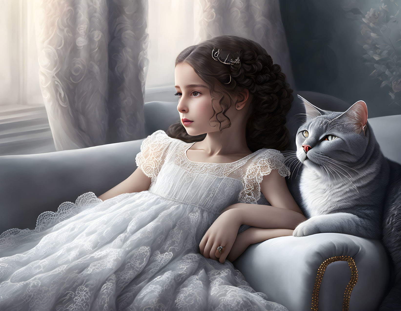 Young girl in lace dress with gray cat by window, soft light filtering through curtains